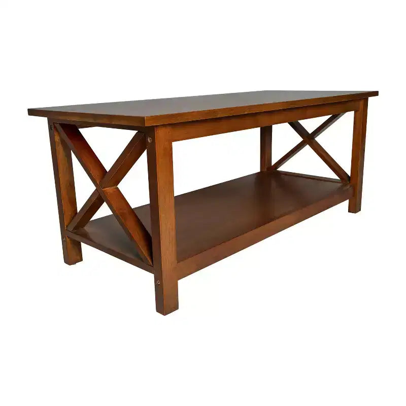 Table basse de style rustique en bois massif avec étagères de rangement